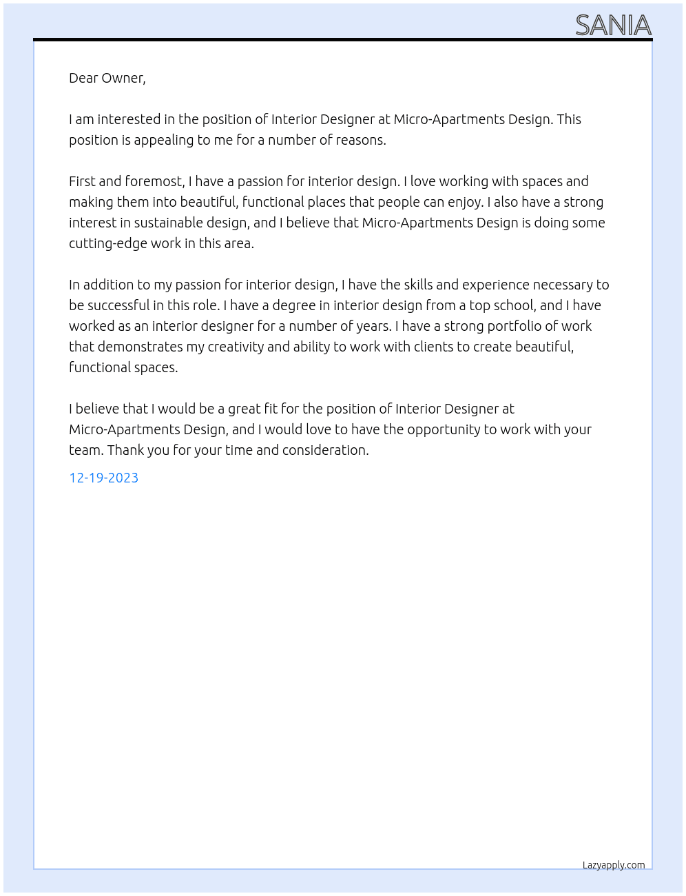Interior Designer At Micro-Apartments Design Cover Letter