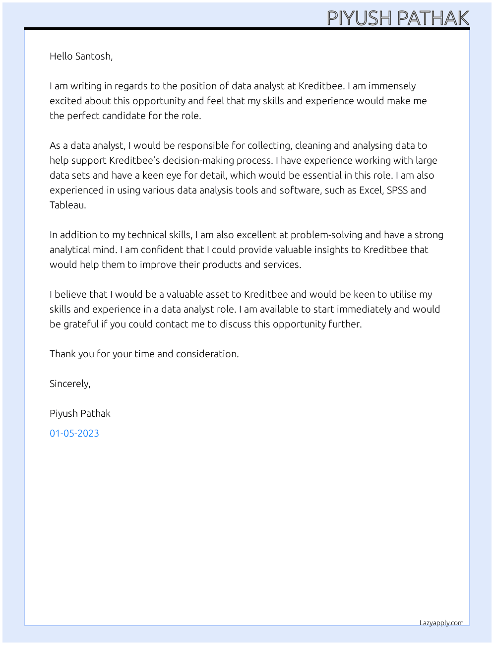 Data analyst  At Kreditbee  Cover Letter