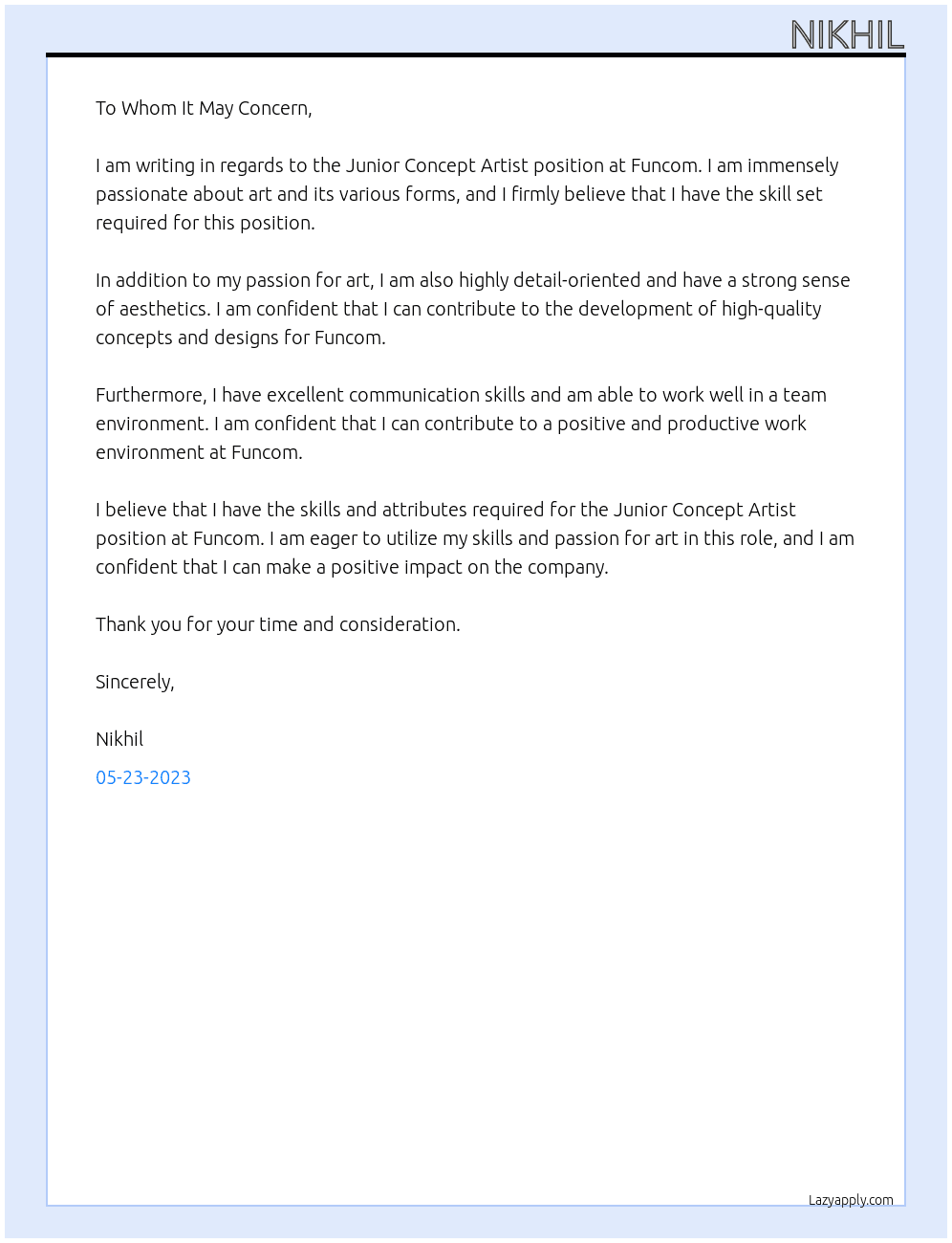 Junior Concept Artist At Funcom Cover Letter