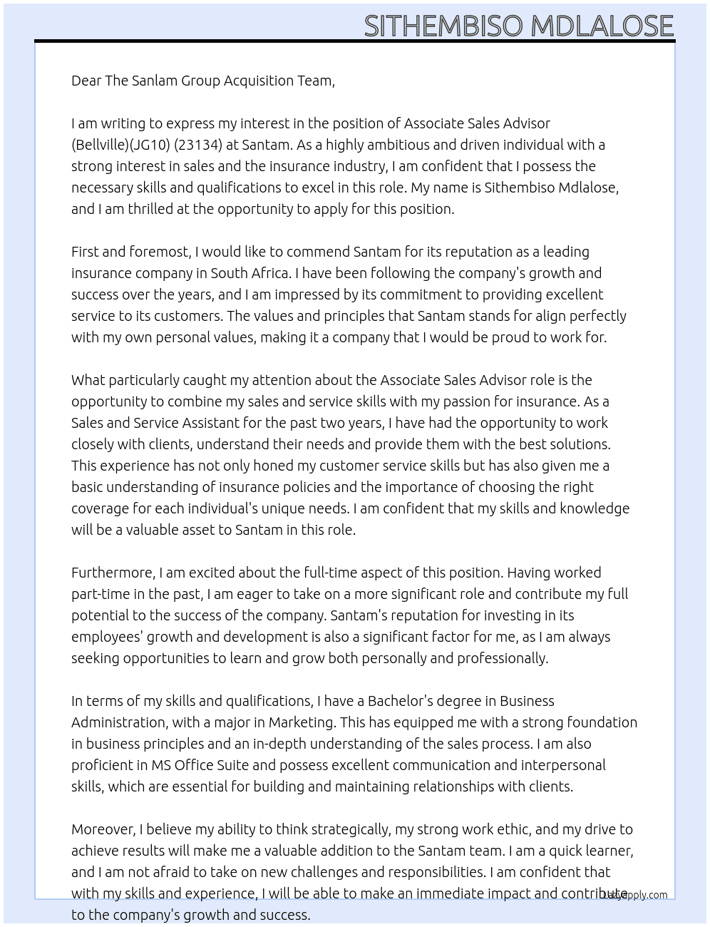 Associate Sales Advisor(Bellville)(JG10) (23134) At Santam Cover Letter