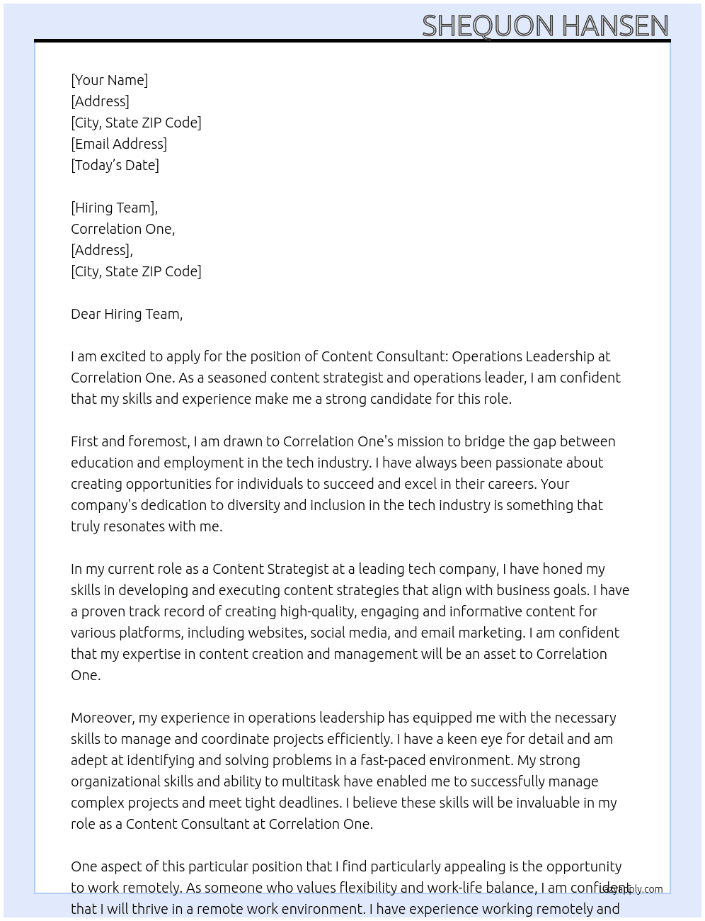 Content consultant: operations leadership At Correlation One  Cover Letter