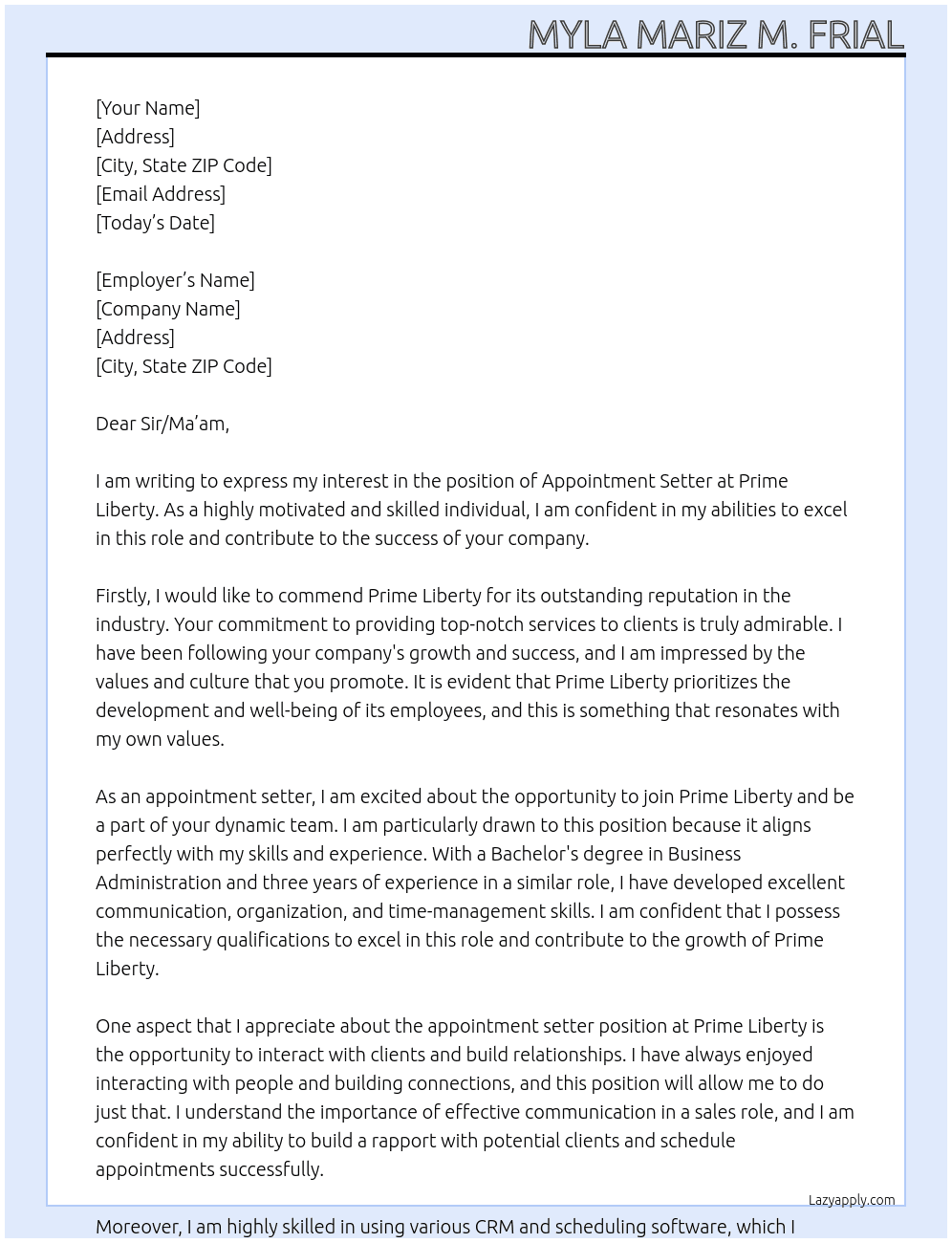 appointment setter At Prime Liberty Cover Letter