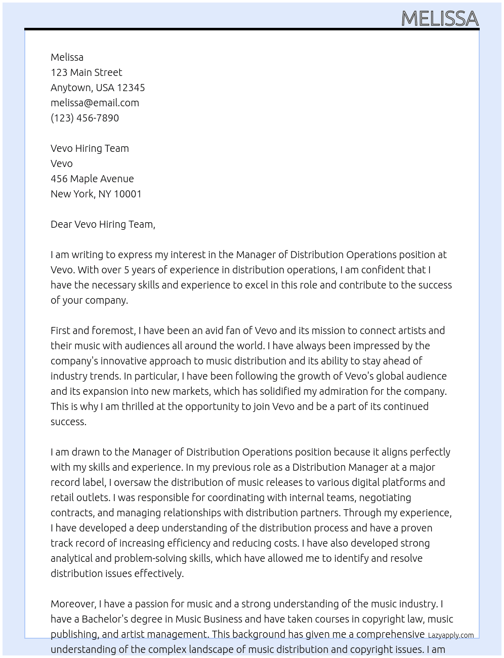 Manager of Distribution Operations At Vevo Cover Letter
