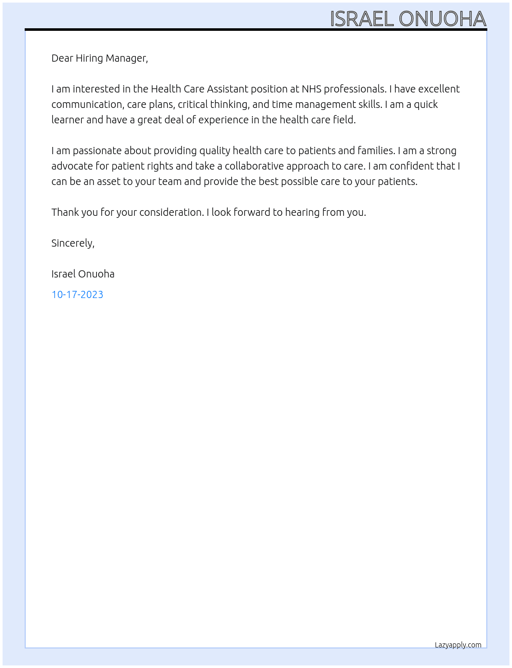Health Care Assistant At NHS professionals Cover Letter