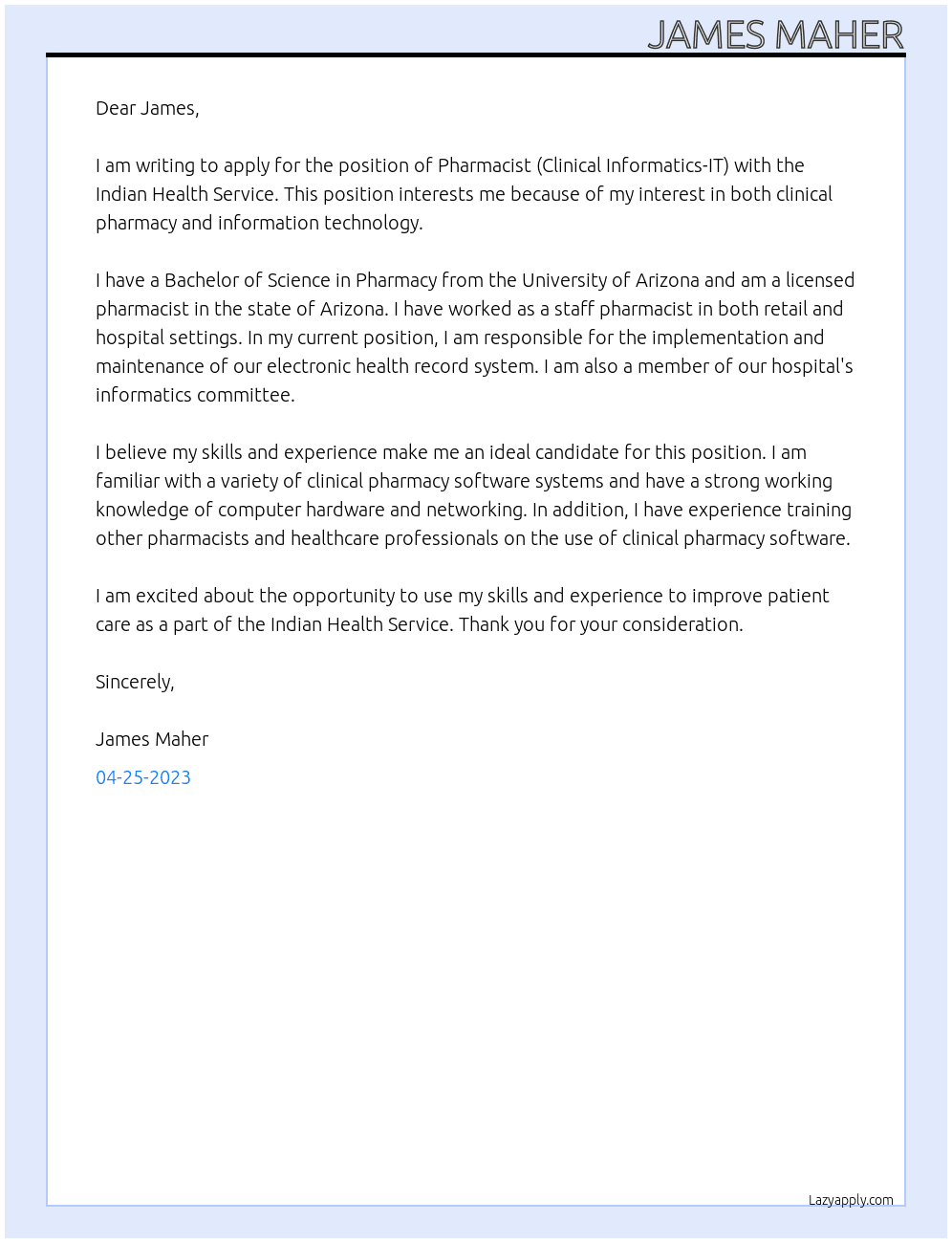 Pharmacist (Clinical Informatics-IT)  At Indian Health Service Cover Letter