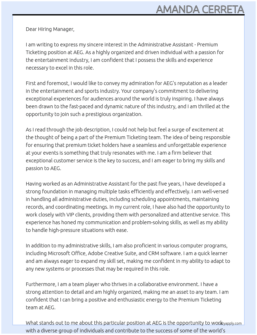 Administrative Assistant - Premium Ticketing At AEG Cover Letter