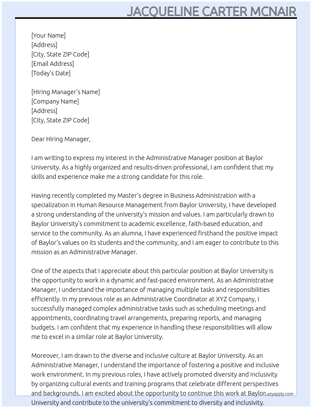 Administrative Manager At Baylor University Cover Letter