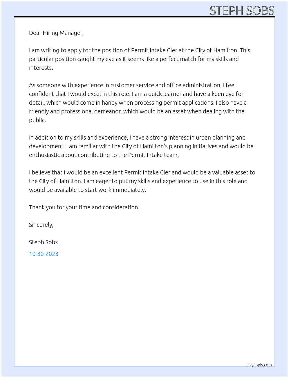 Permit Intake Cler At City of Hamilton Cover Letter