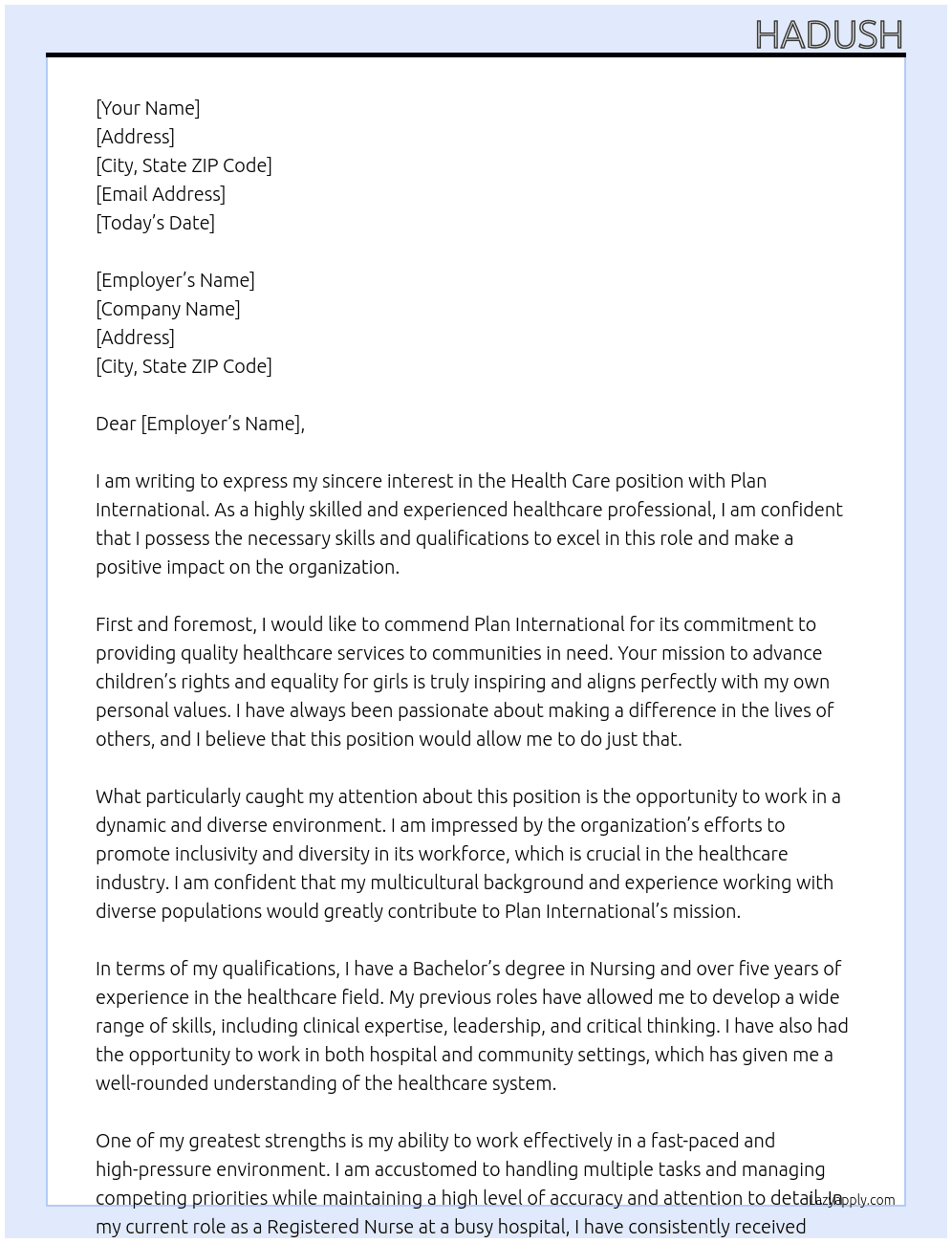 Healrh care At For plan international Cover Letter