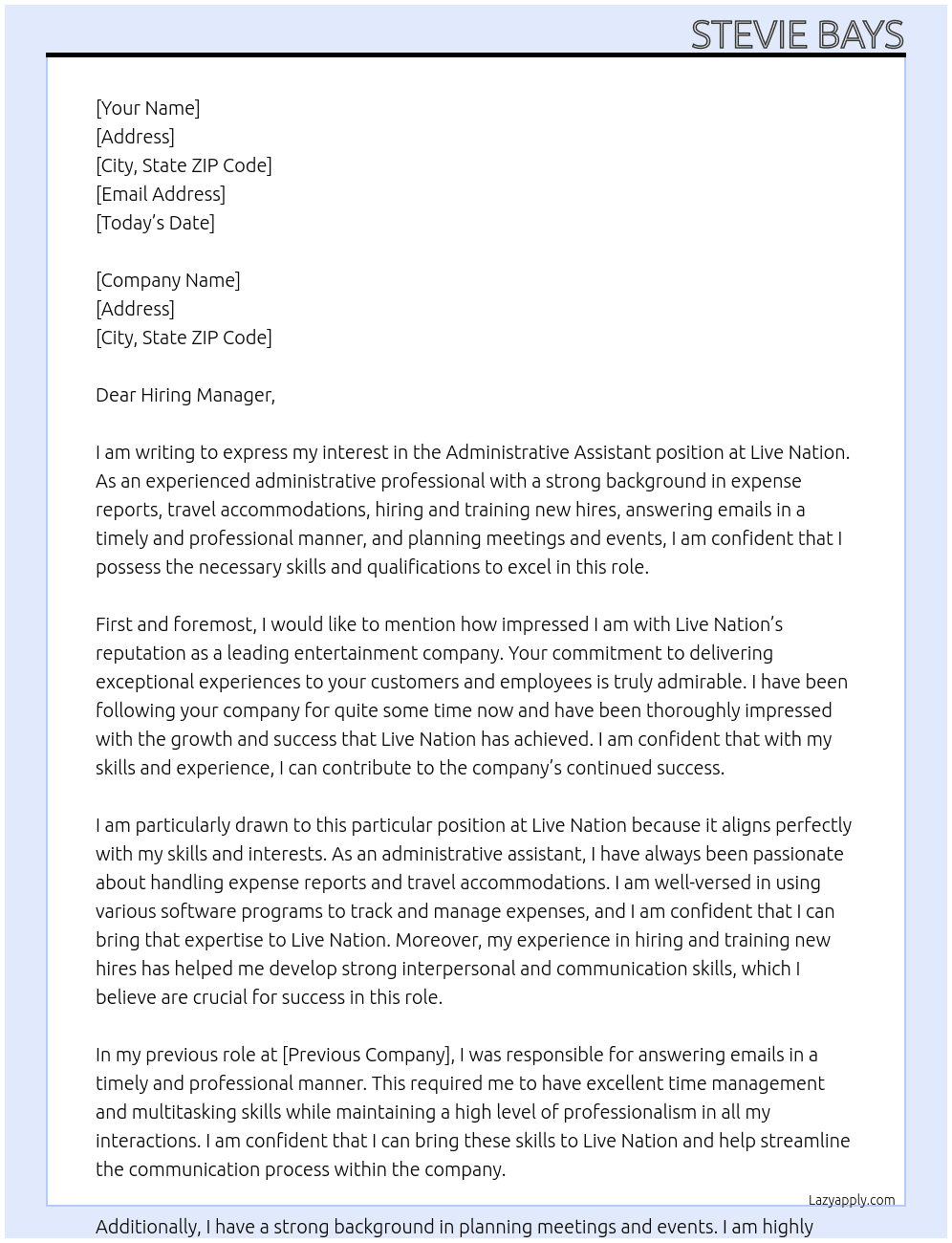 Administrative Assistant  At Live Nation  Cover Letter