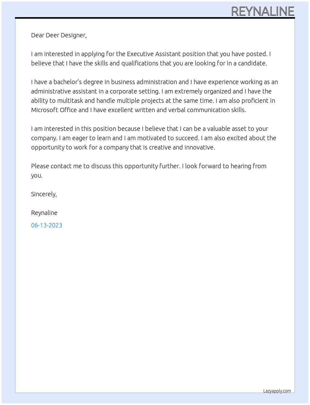 Executive Assistant  At Deer Designer Cover Letter
