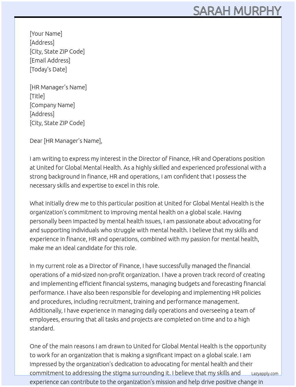 Director of Finance, HR and Operations At United for Global Mental Health Cover Letter