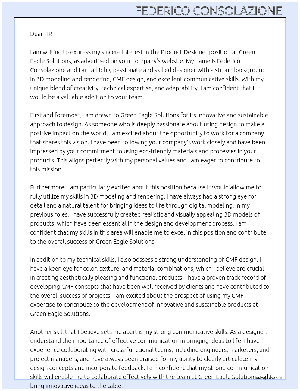 Product designer At  Green Eagle Solutions Cover Letter