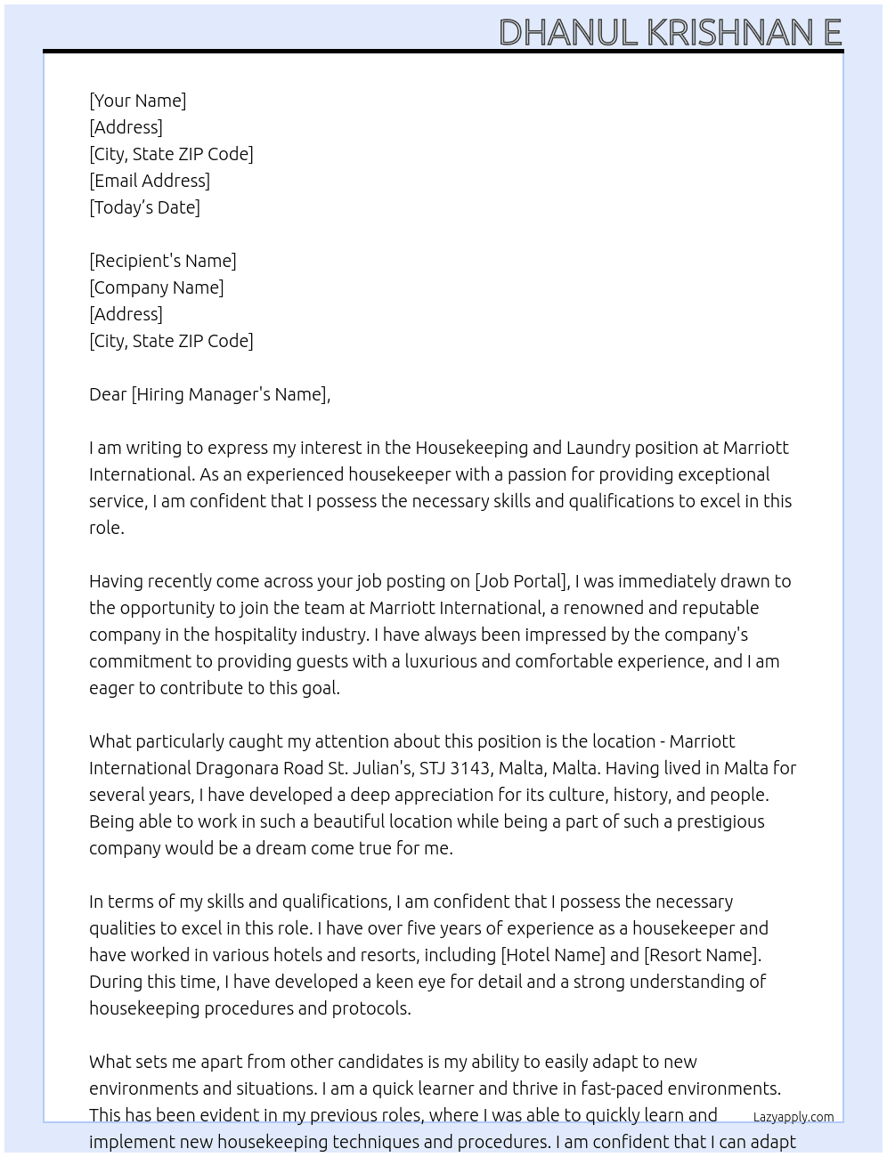 House keeping and laundry At Marriot international Cover Letter