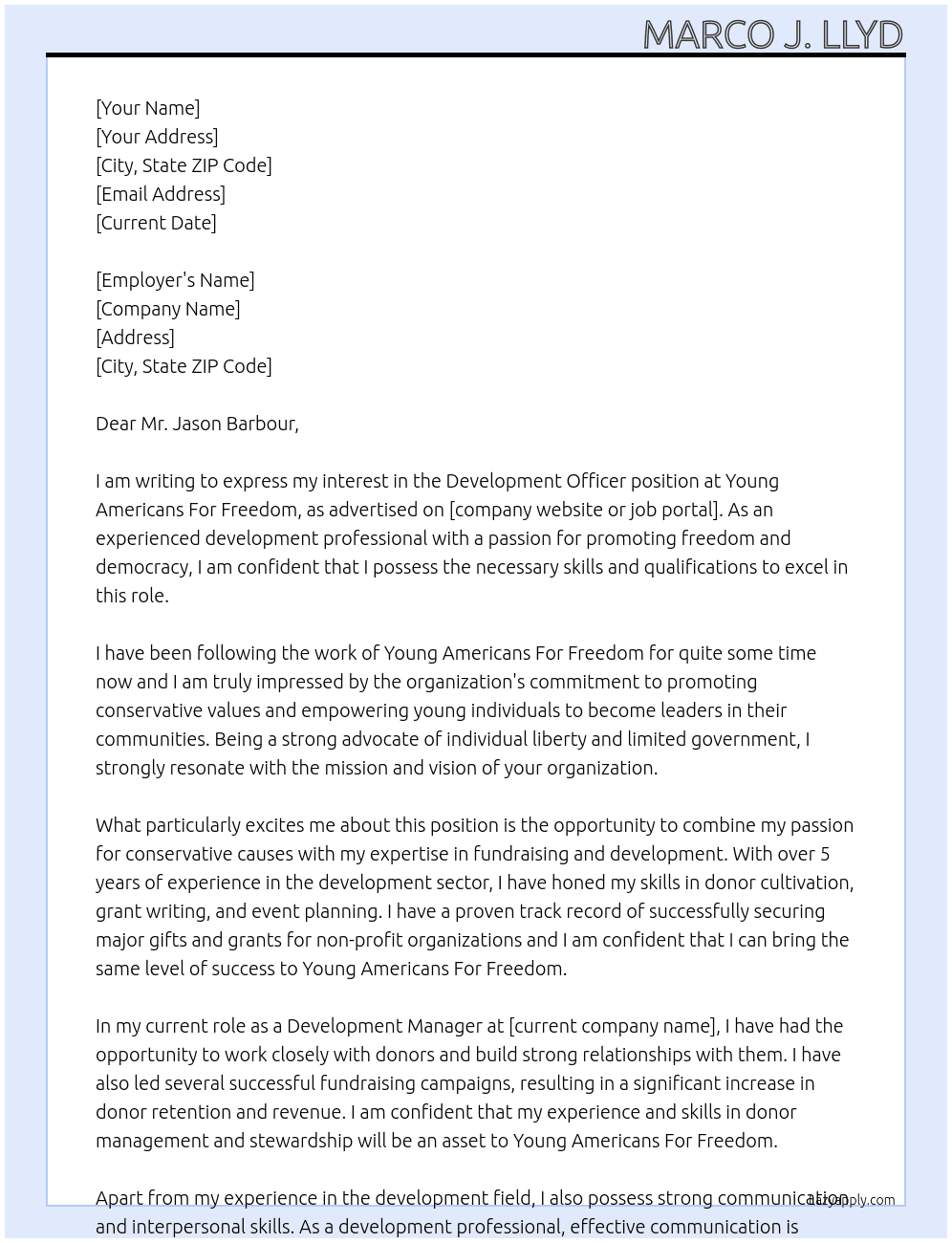 Development Officer At Young Americans For Freedom  Cover Letter
