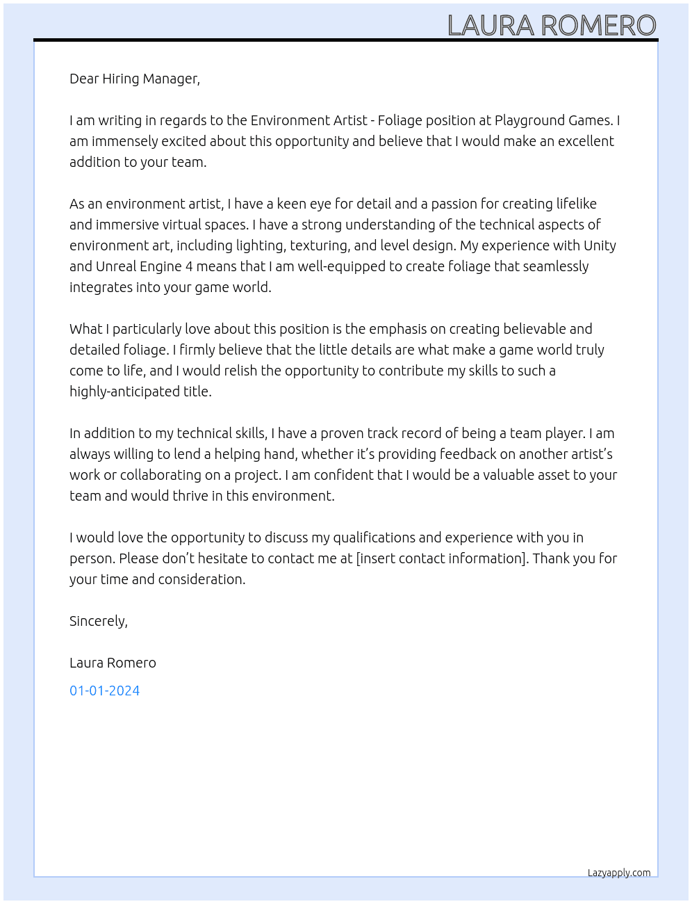 Environment Artist - Foliage At Playground Games Cover Letter