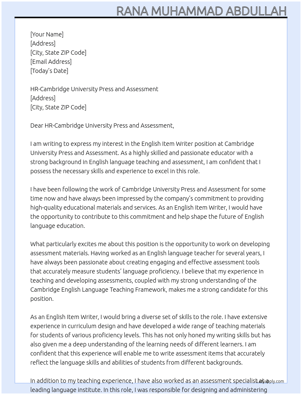 English Item writer At Cambridge University Press and Assessment Cover Letter