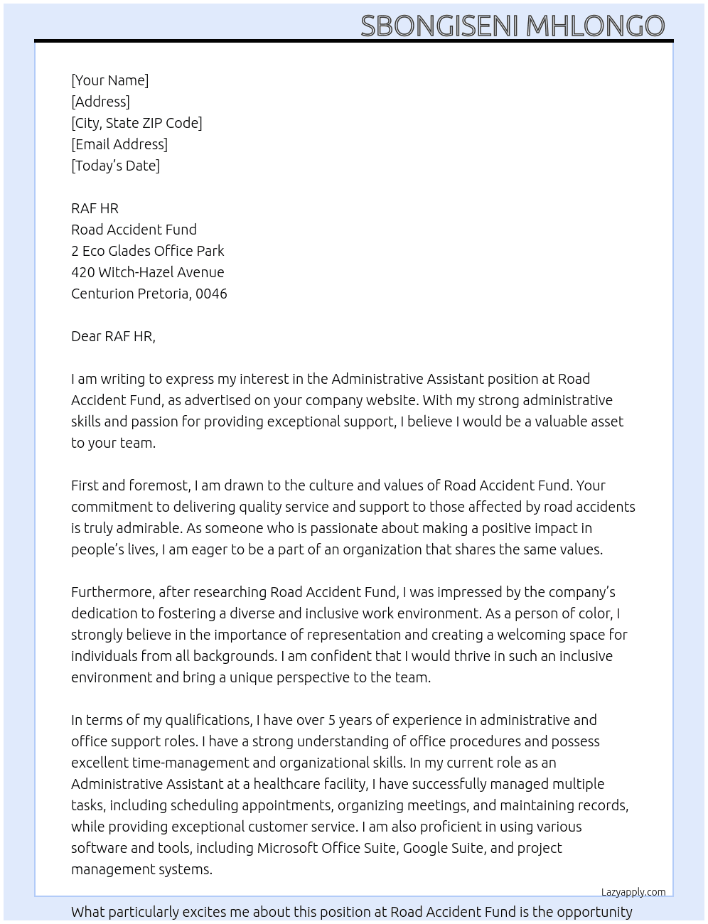 Adminstrative Assistant  At Road Accident Fund Cover Letter
