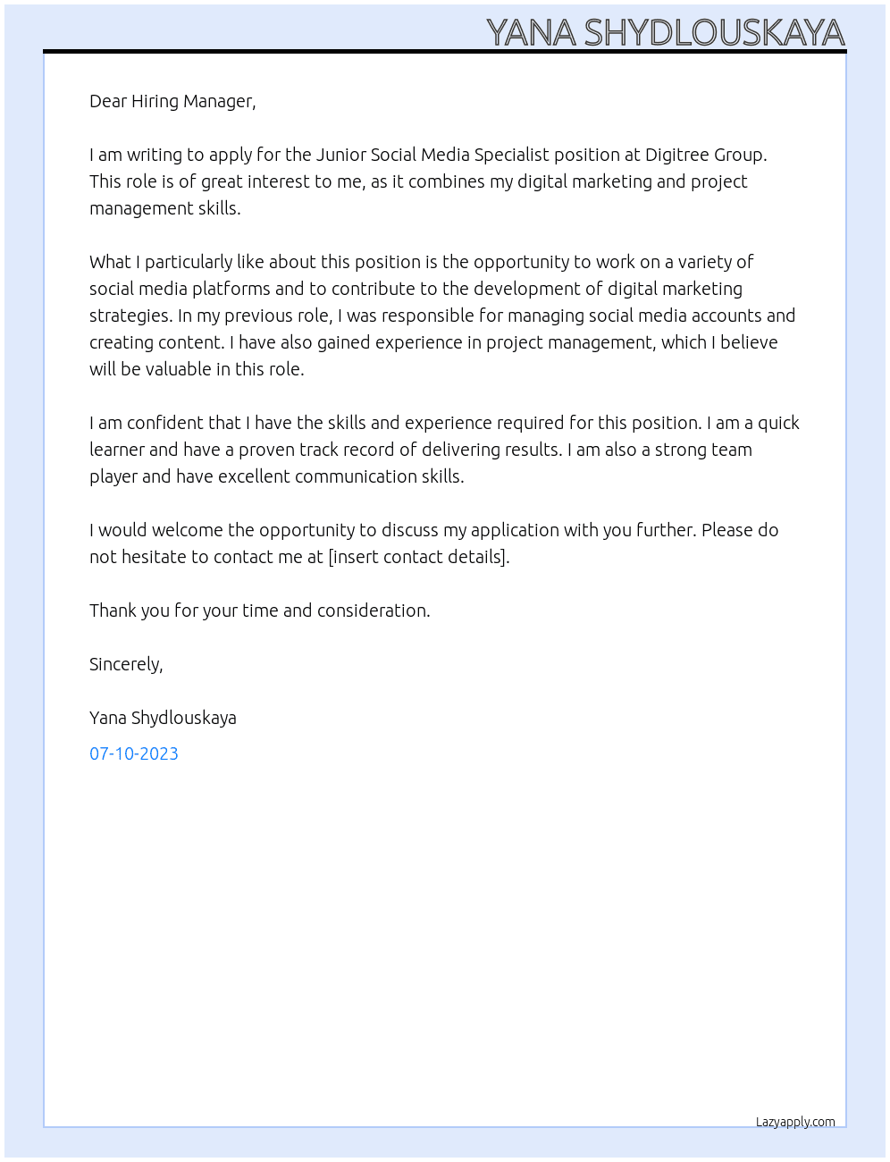 Junior Social Media Specialist At Digitree Group  Cover Letter