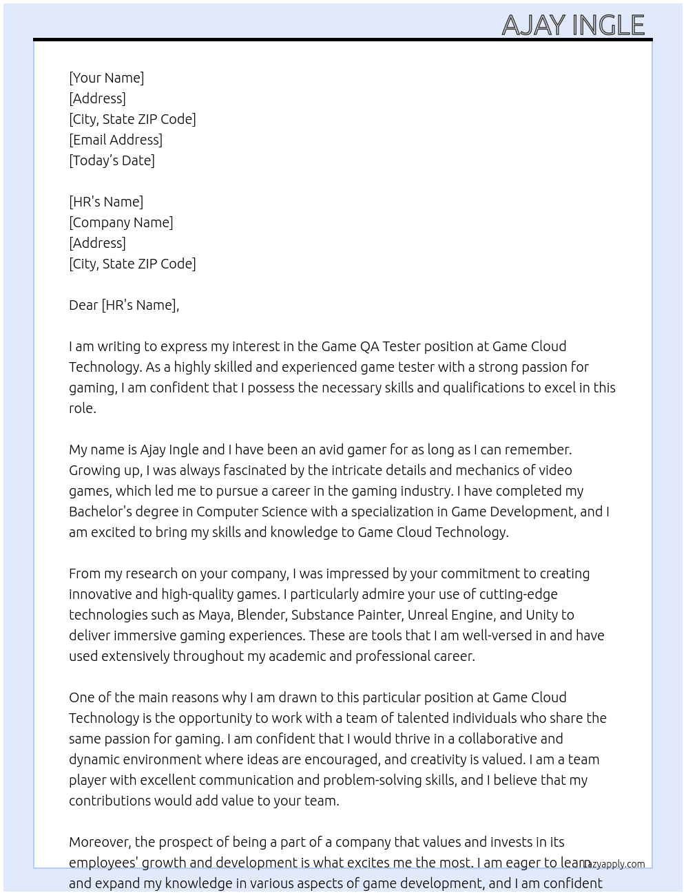 Game QA tester At Game Cloud technology  Cover Letter