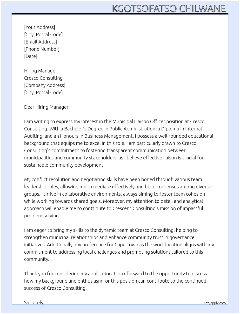 Municipal liaison officer  At Cresco Consulting  Cover Letter