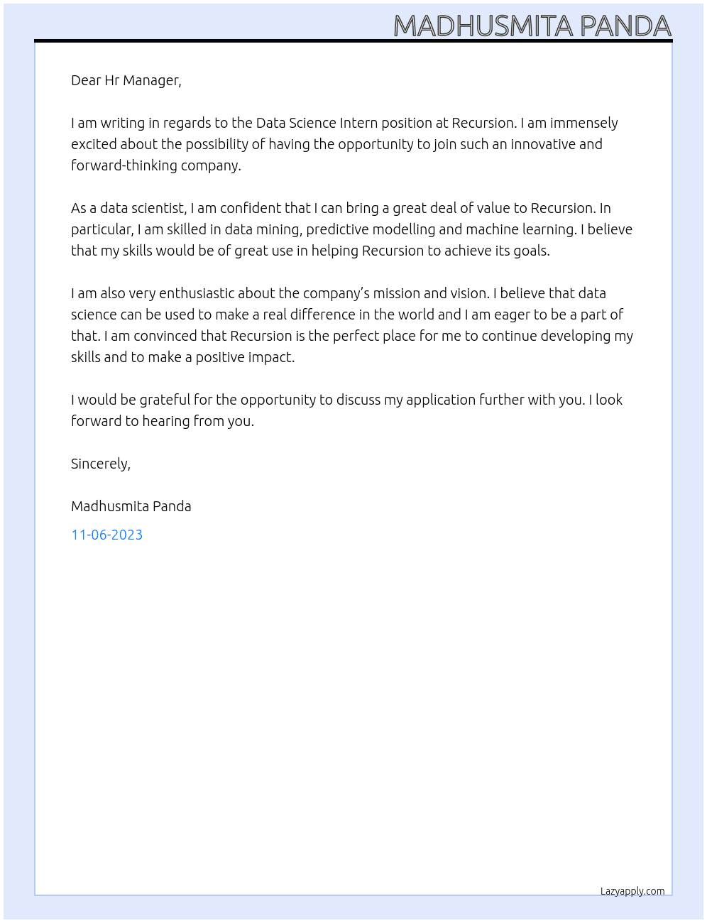 Data Science Intern At Recursion Cover Letter