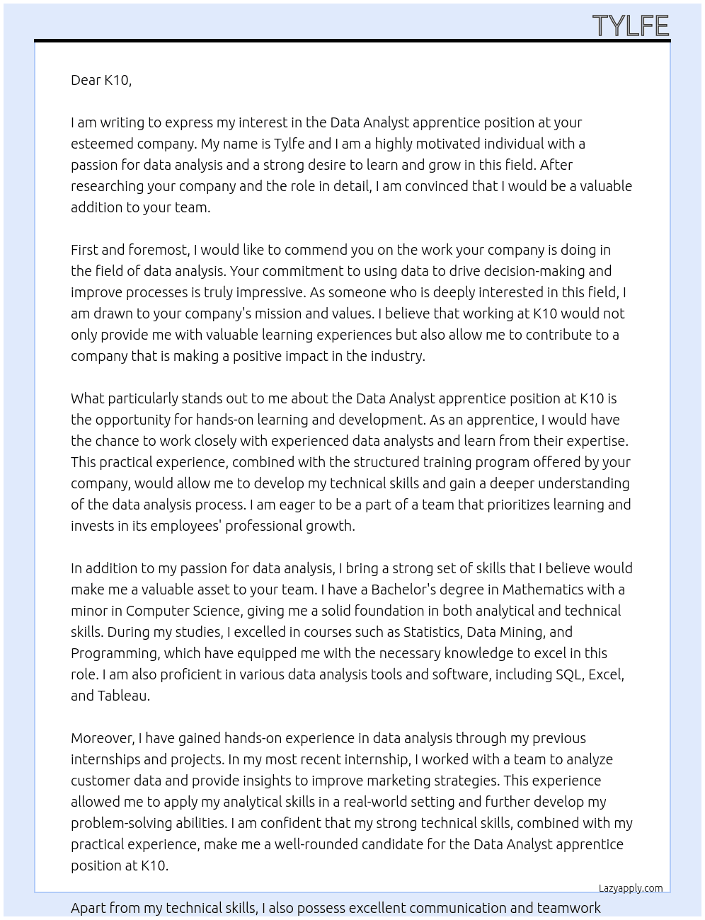 Data Analyst apprentice At K10 Cover Letter