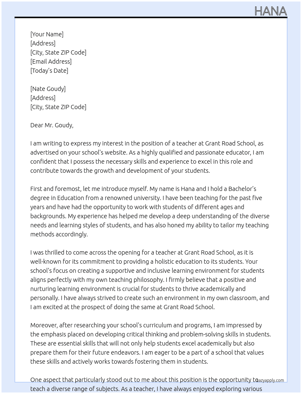 teacher At grant road school Cover Letter