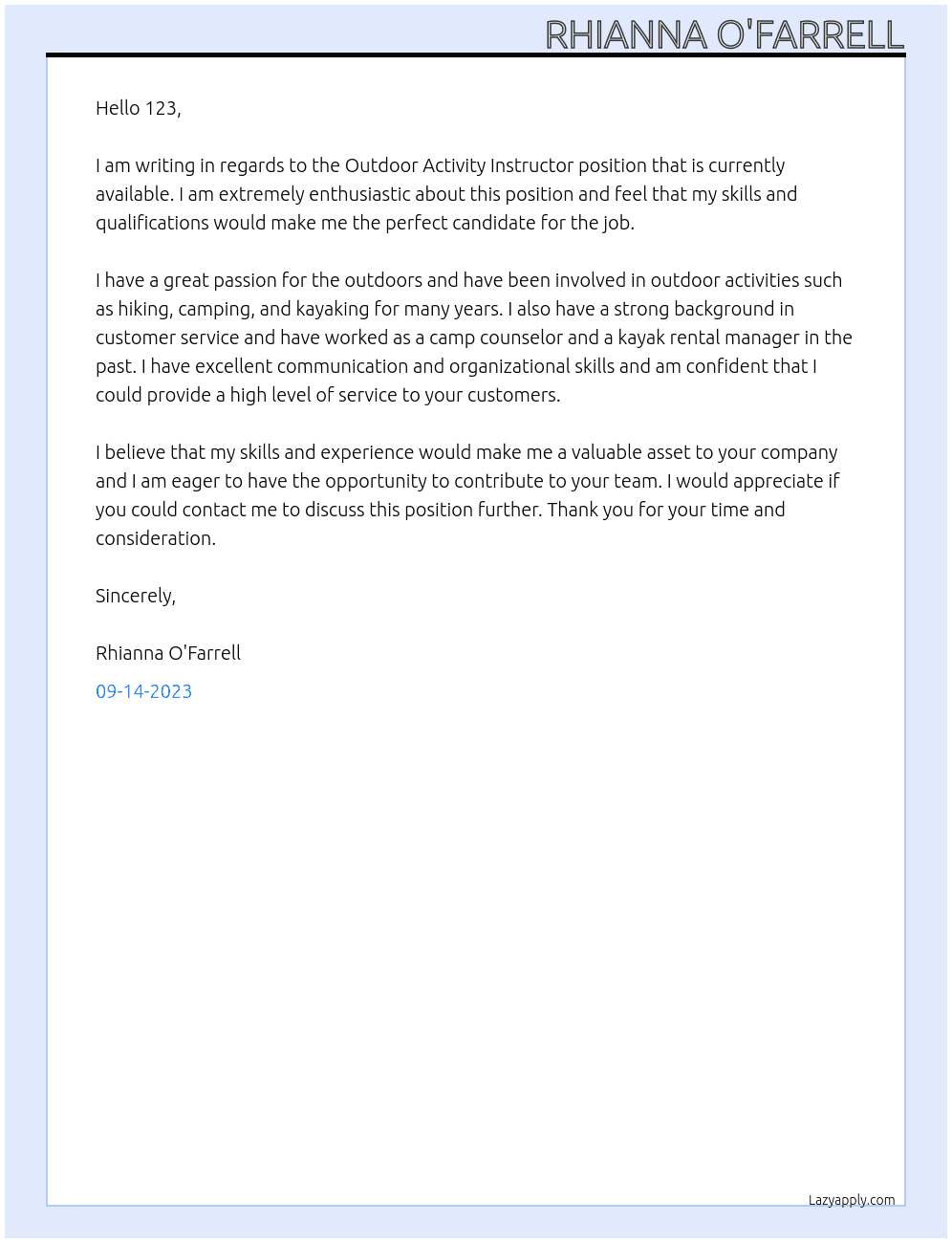 Outdoor Activity Instructor At 123 Cover Letter