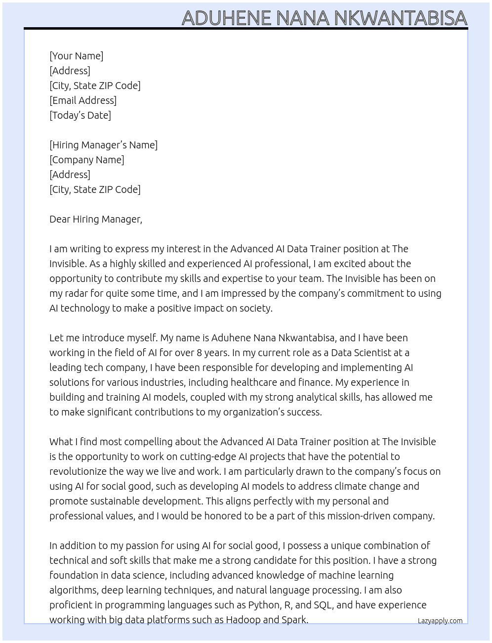 Advanced Ai Data Trainer At The Invisible Cover Letter