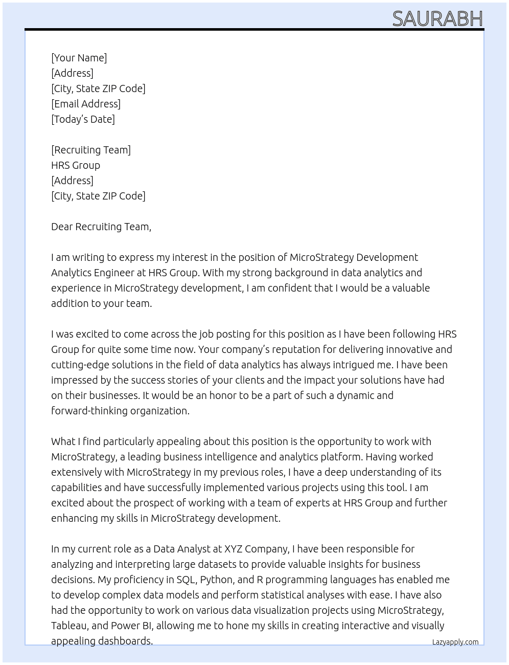 MicroStrategy Development Analytics Engineer At HRS Group Cover Letter