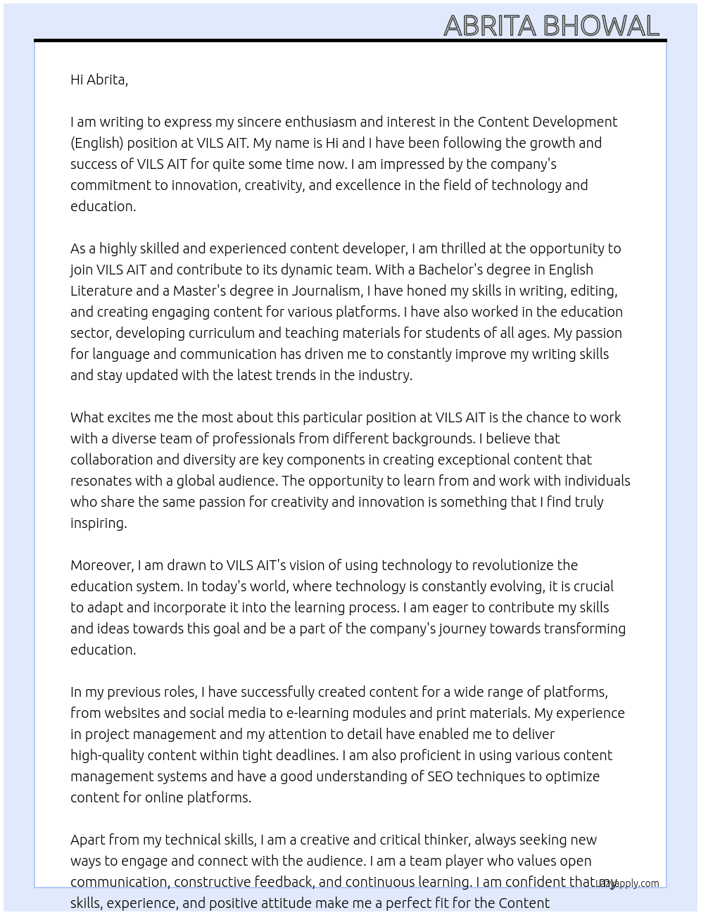 Content Development (English) At VILS AIT Cover Letter