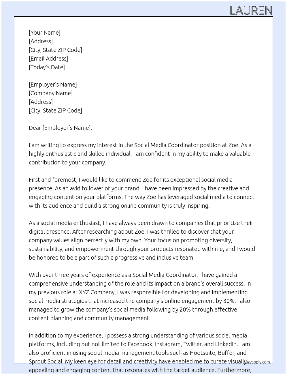 social media coordinator At Zoe Cover Letter