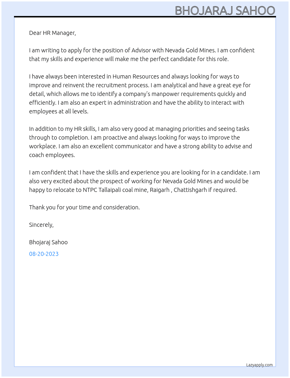 Advisor At Nevada Gold Mines Cover Letter