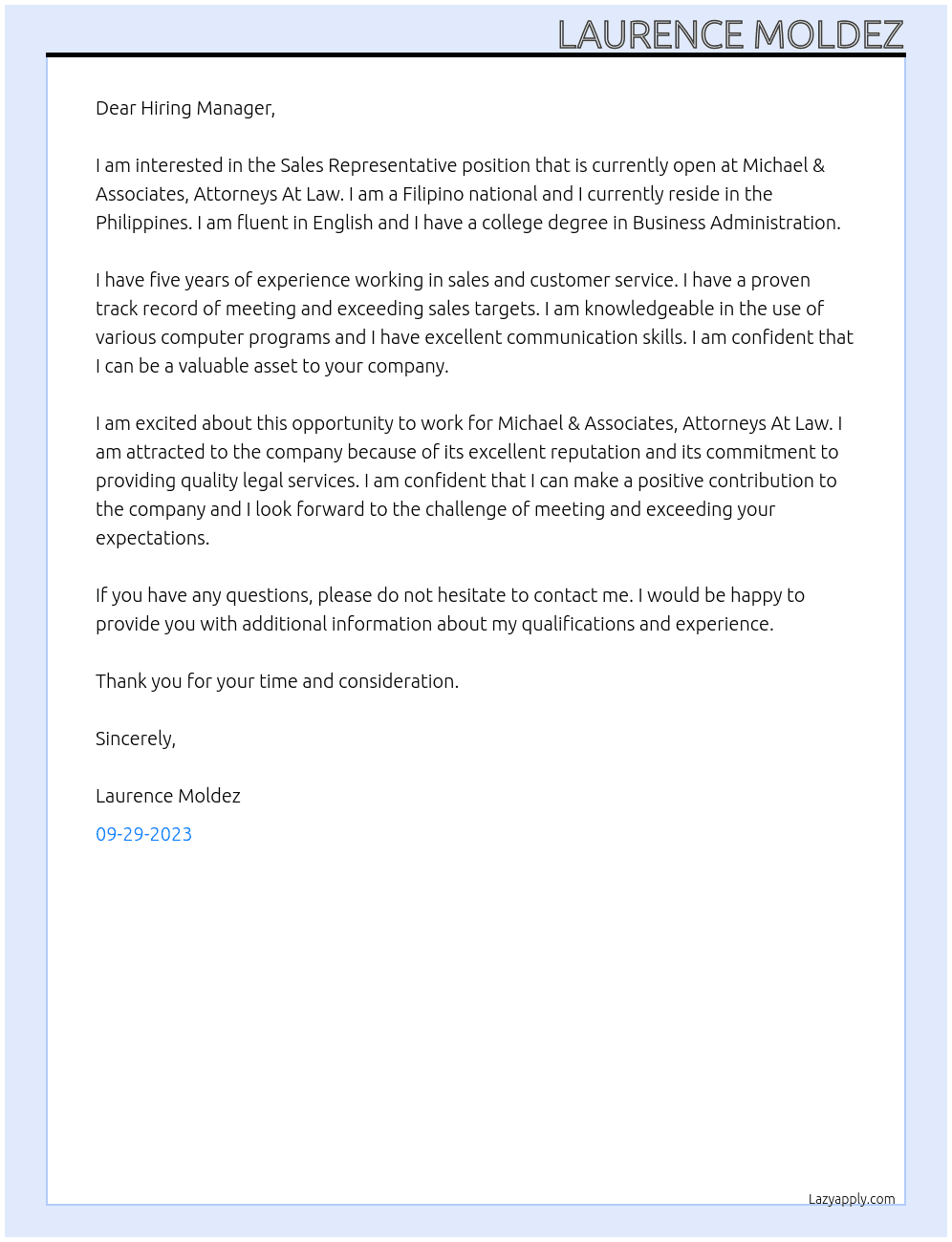 Sales Representative (Remote) Philippines At Michael & Associates, Attorneys At Law Cover Letter