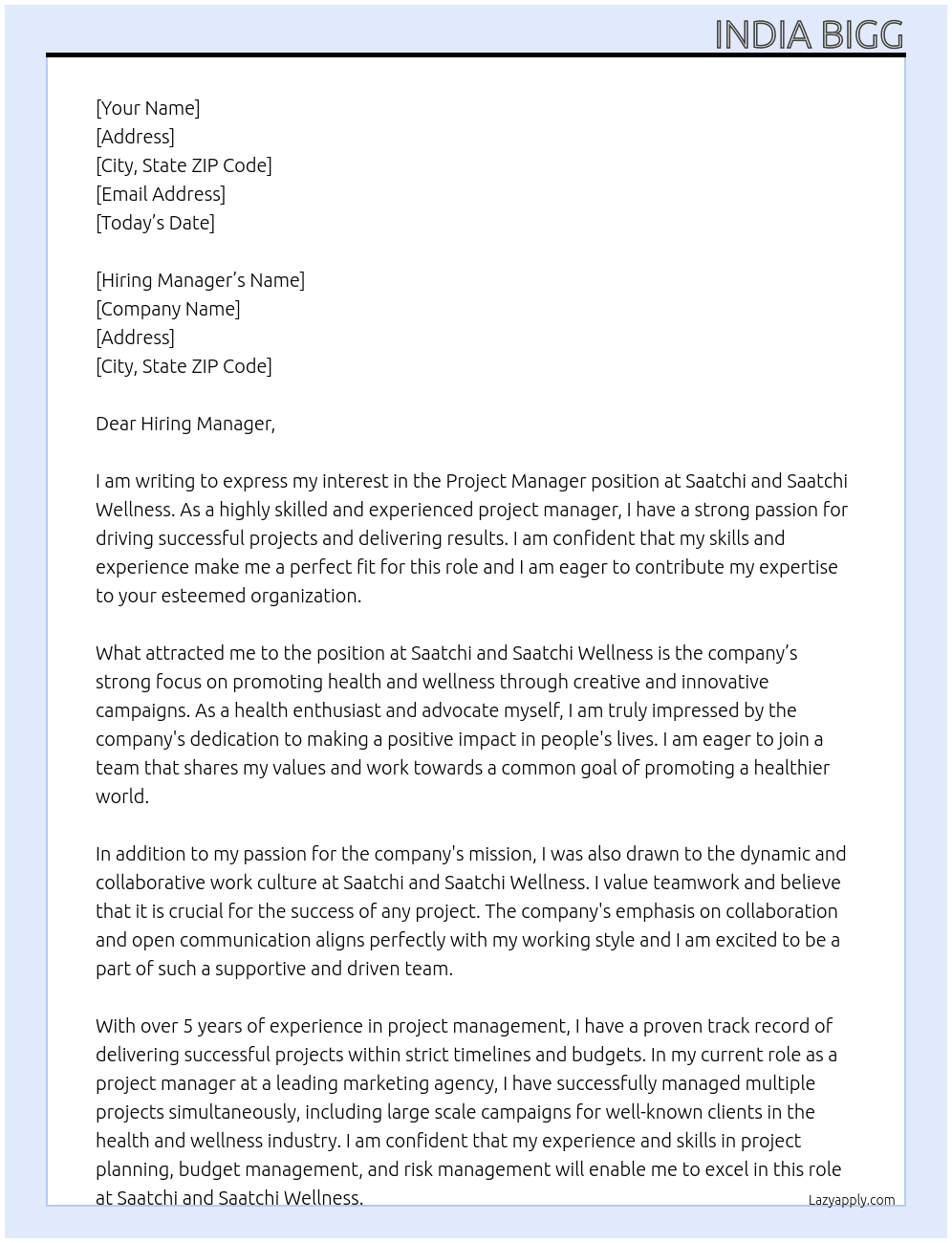 Project Manager At Saatchi and Saatchi Wellnness Cover Letter