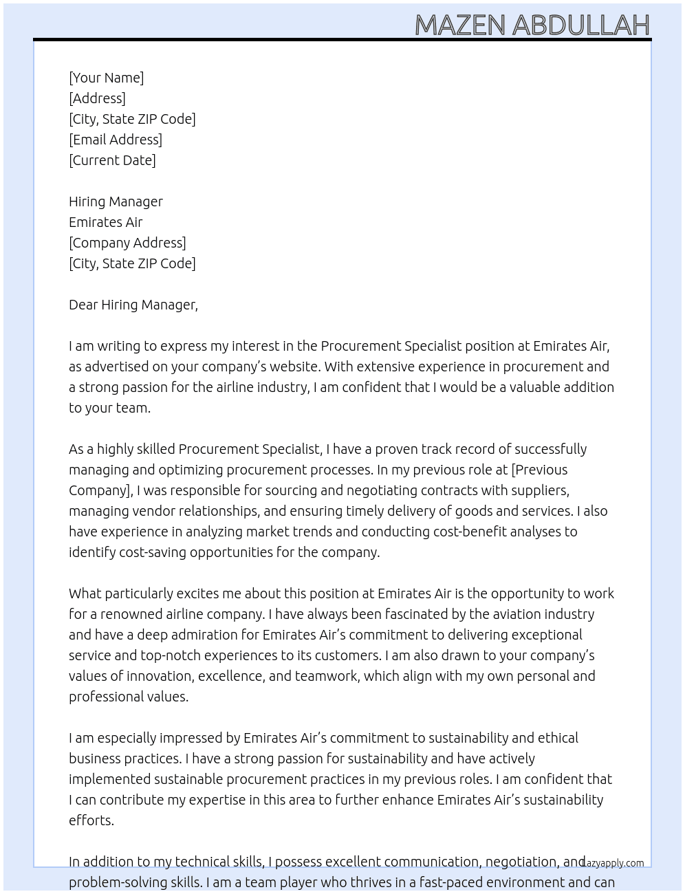 Procurement Specialist  At Emirates Air  Cover Letter