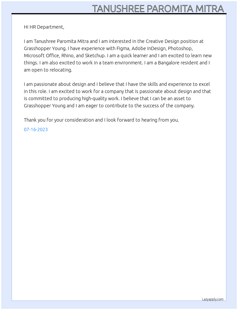 Creative Design At Grasshopper Young' Cover Letter