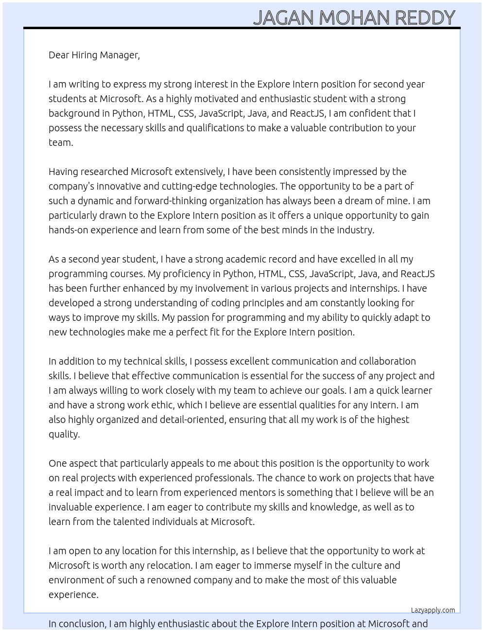Cover letter for explore intern for second year students at microsoft - LazyApply
