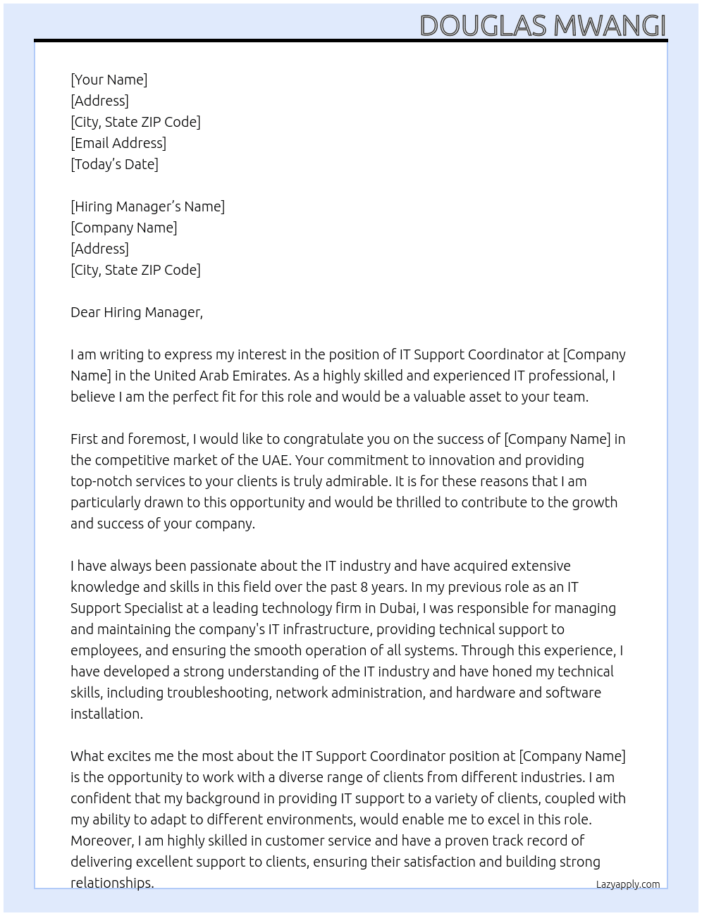 IT Support Coordinator At United Arab Emirates Cover Letter