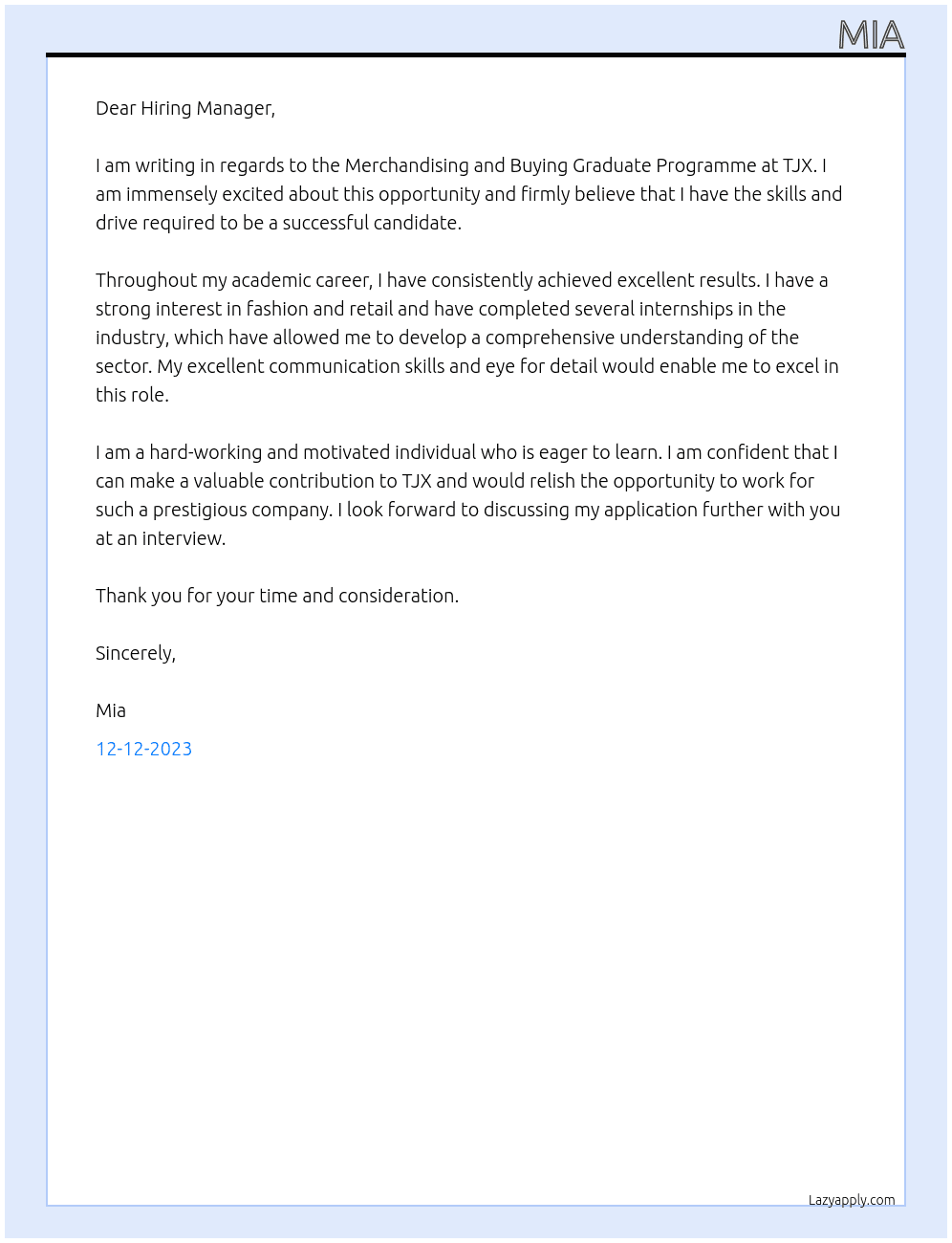MERCHANDISING AND BUYING GRADUATE PROGRAMME At TJX Cover Letter