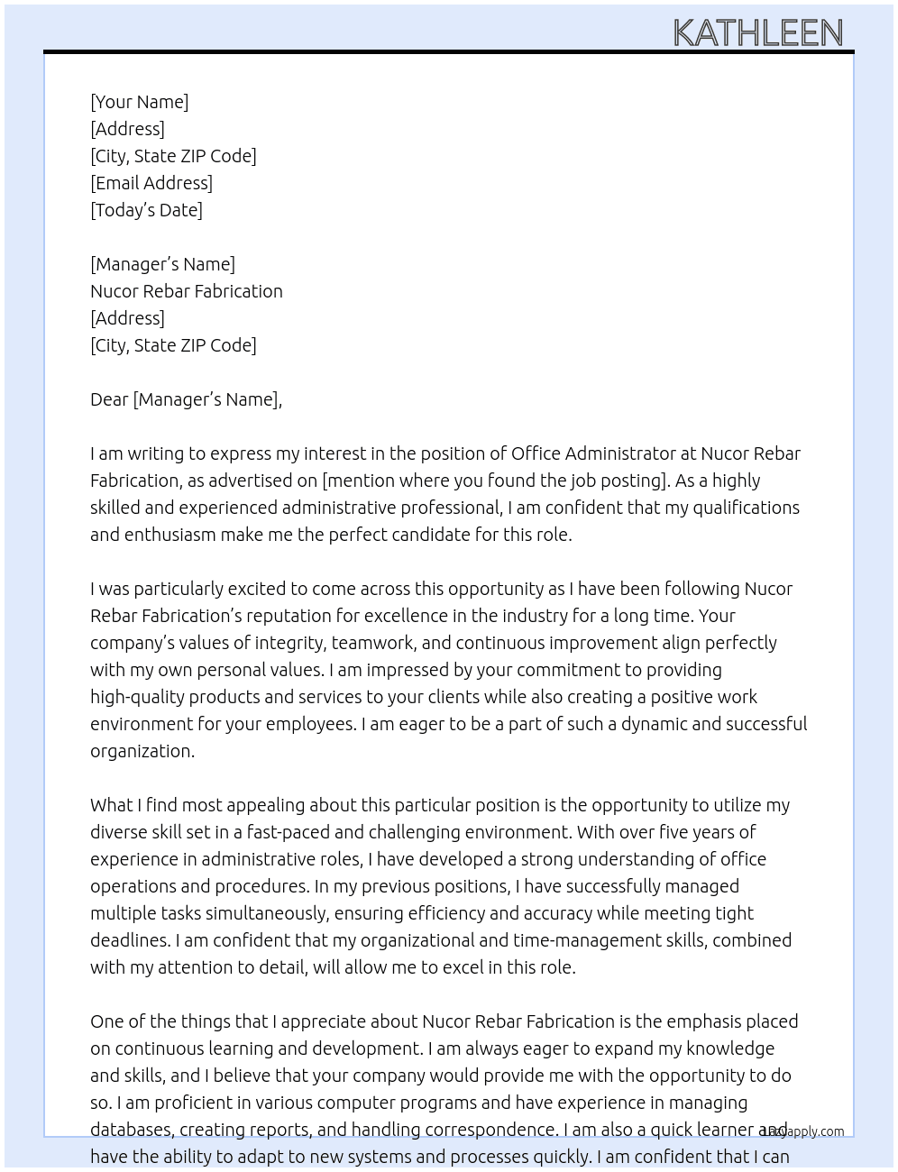 Office Administrator  At Nucor Rebar Fabrication Cover Letter