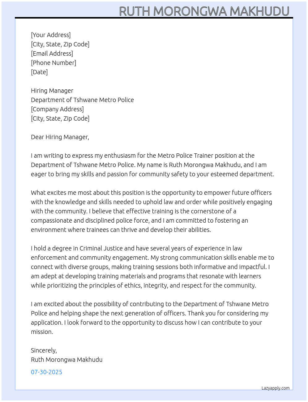  metro police traineers  At Department of tshwane metro police  Cover Letter