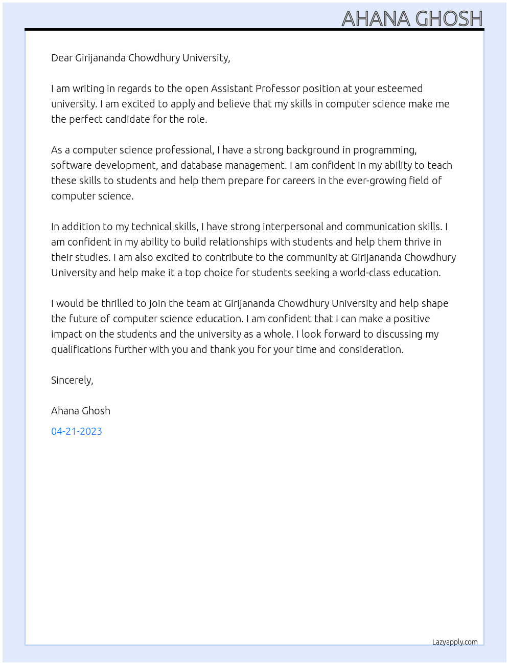 Assistant Professor At Girijananda Chowdhury University Cover Letter