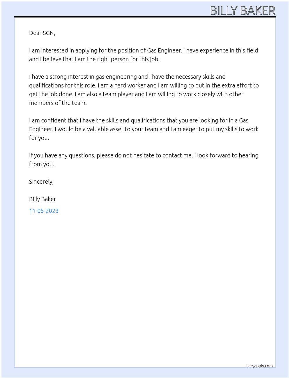 Gas Enginner At SGN Cover Letter