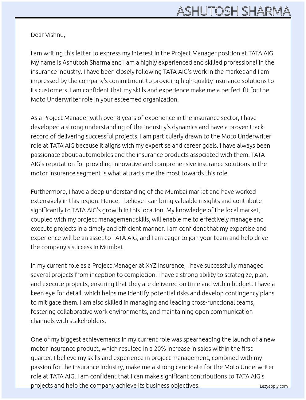 Project manager At TATA AIG Cover Letter