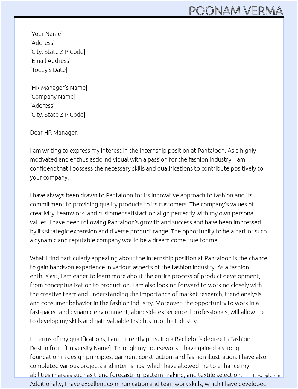 Internship At Pantaloon Cover Letter