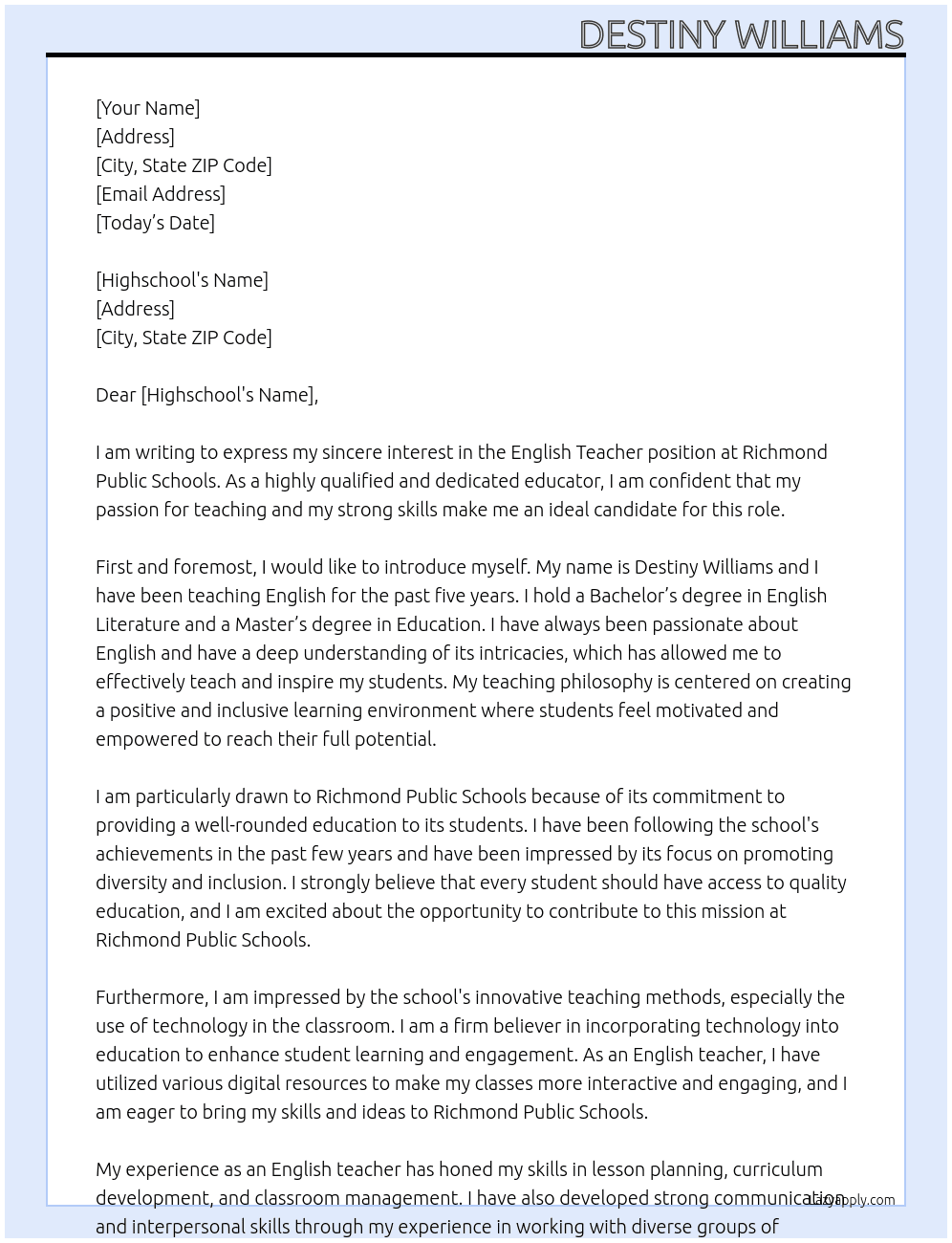 English Teacher At Richmond public schools Cover Letter