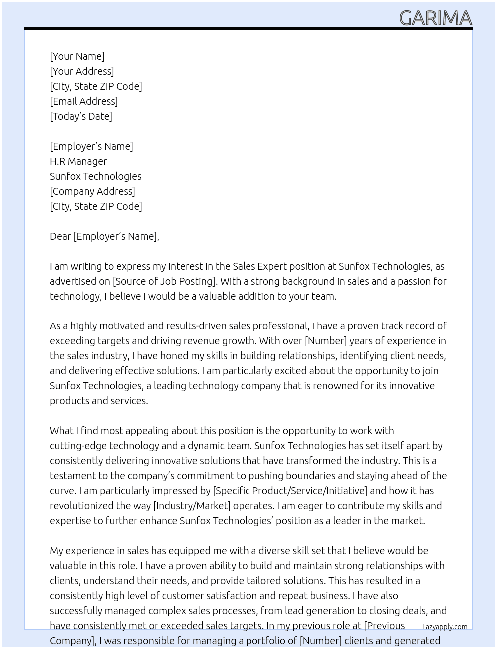 Sales expert At Sunfox Technologies Cover Letter
