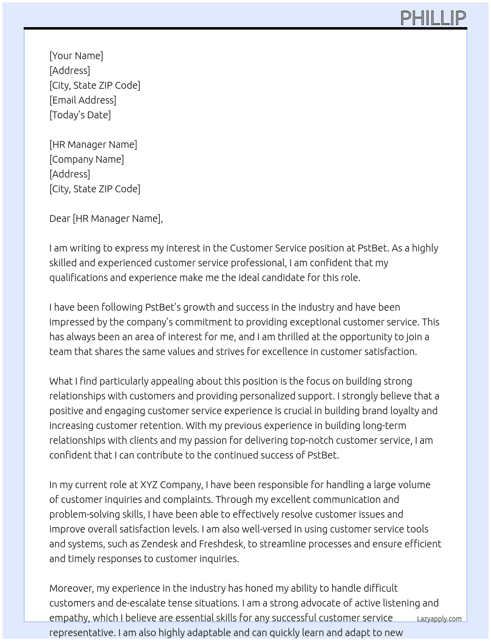 Customer Service  At PstBet Cover Letter